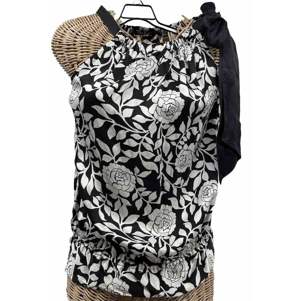 WHBM Top Womens XSmall 100% Silk Black White Floral Halter Spring Brunch Travel